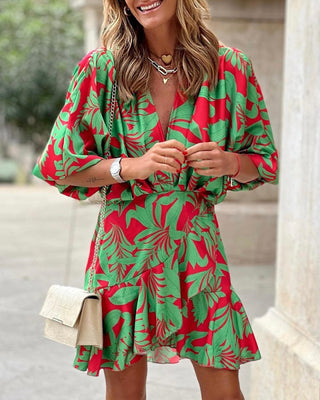 Women's Printed Deep V Puff Sleeves Elegant Lotus Leaf Dress