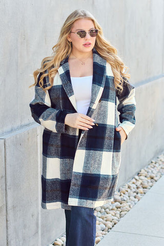 Double Take Full Size Plaid Button Up Lapel Collar Coat for Women