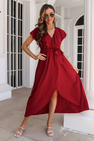 Ruffled Surplice Tie Waist Slit Midi Dress for Women