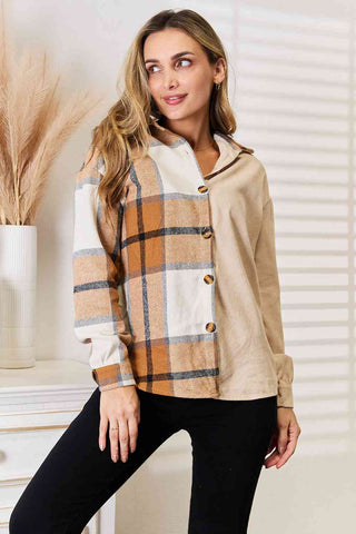 Double Take Plaid Print Dropped Shoulder Shirt for Women