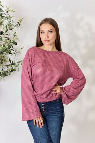 Culture Code Full Size Waffle-Knit Round Neck Long Sleeve Blouse for Women