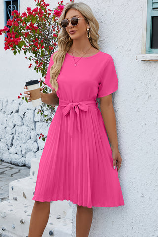 Pleated Tie Waist Short Sleeve Dress for Women