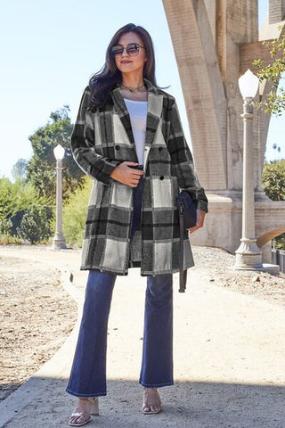 Double Take Full Size Plaid Button Up Lapel Collar Coat for Women