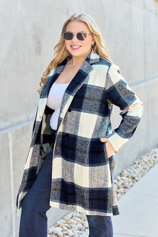 Double Take Full Size Plaid Button Up Lapel Collar Coat for Women