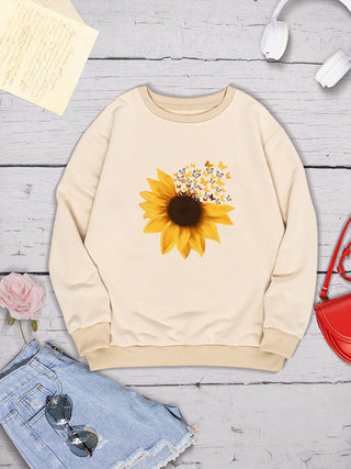 Sunflower Round Neck Dropped Shoulder Sweatshirt for Women