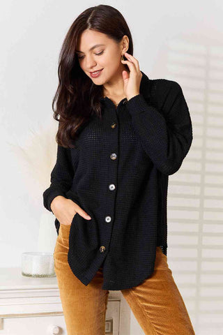 Double Take Waffle-Knit Collared Neck Dropped Shoulder Shirt for Women