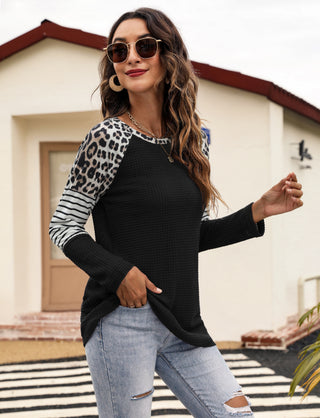 Women's Long Sleeve Waffle Sweater With Leopard And Stripe Design