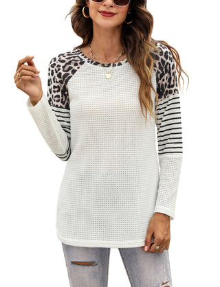 Women's Long Sleeve Waffle Sweater With Leopard And Stripe Design