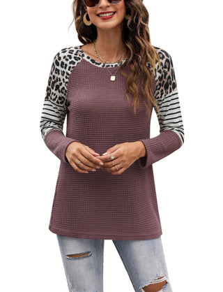 Women's Long Sleeve Waffle Sweater With Leopard And Stripe Design