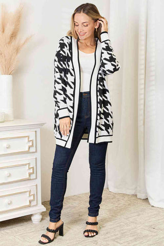 Woven Right Houndstooth Open Front Longline Cardigan for Women