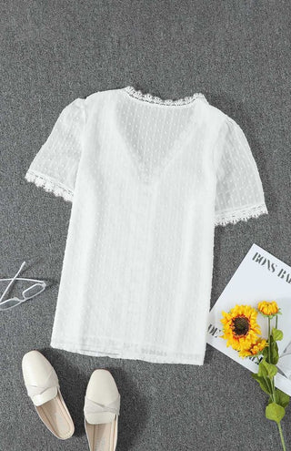 Women's Lace Splicing V-Neck Swiss Dot Short Sleeve Top