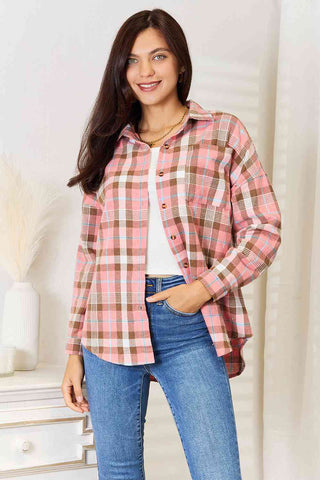 Double Take Plaid Collared Neck Long Sleeve Button-Up Shirt for Women