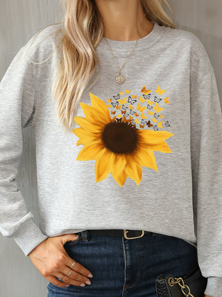 Sunflower Round Neck Dropped Shoulder Sweatshirt for Women