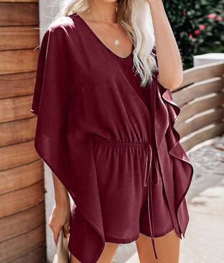 Women's temperament shorts European and American solid color V-neck high waist tie loose jumpsuit