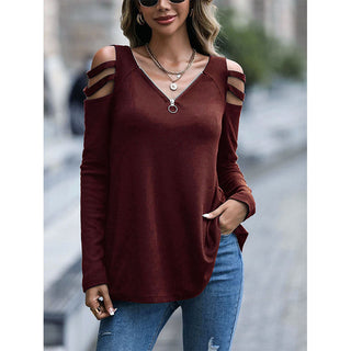 Women's Off Shoulder Zipper Long Sleeve Waffle T-Shirt Top