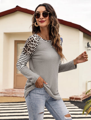 Women's Long Sleeve Waffle Sweater With Leopard And Stripe Design