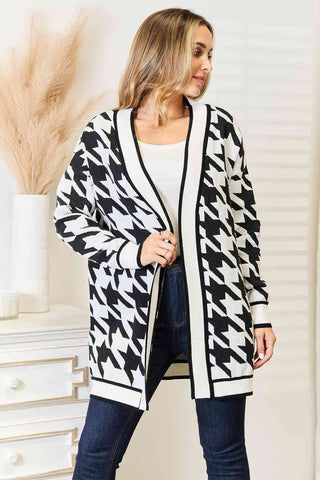 Woven Right Houndstooth Open Front Longline Cardigan for Women