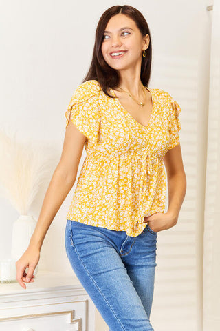 Double Take Floral Petal Sleeve Babydoll Top for Women