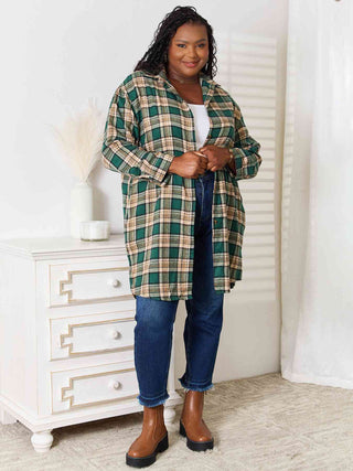 Double Take Plaid Collared Neck Long Sleeve Shirt for Women