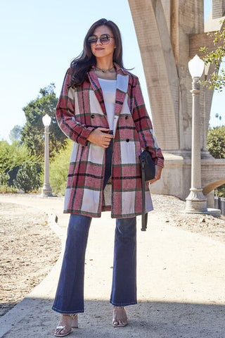 Double Take Full Size Plaid Button Up Lapel Collar Coat for Women