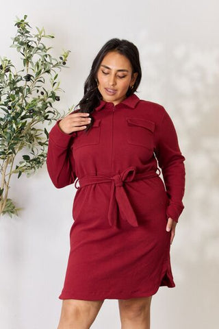 Culture Code Full Size Tie Front Half Zip Long Sleeve Shirt Dress for Women