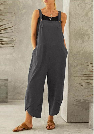 Women's Solid color casual button up suspender jumpsuit