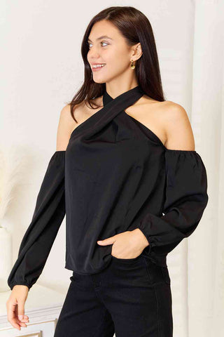 Double Take Grecian Cold Shoulder Long Sleeve Blouse for Women