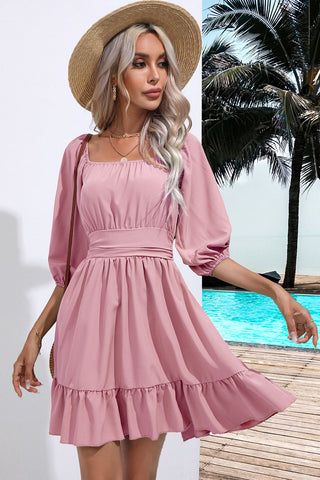 Square Neck Tie Back Ruffle Hem Dress for Women