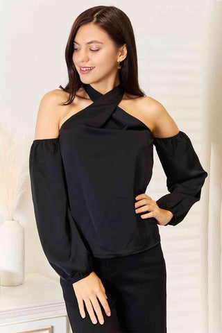 Double Take Grecian Cold Shoulder Long Sleeve Blouse for Women