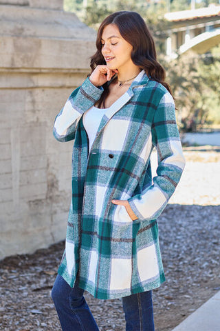 Double Take Full Size Plaid Button Up Lapel Collar Coat for Women