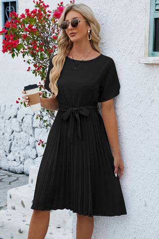 Pleated Tie Waist Short Sleeve Dress for Women