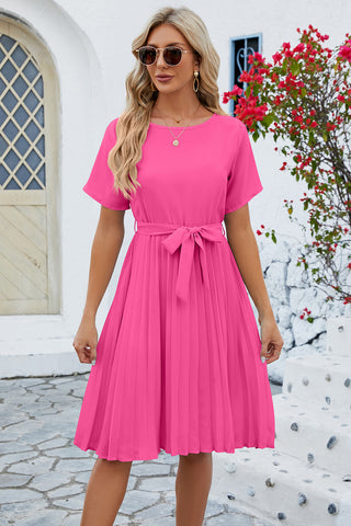 Pleated Tie Waist Short Sleeve Dress for Women