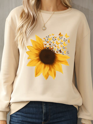 Sunflower Round Neck Dropped Shoulder Sweatshirt for Women