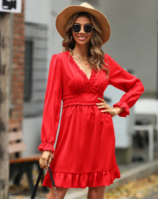 Women's woven V-neck ruffled high-waisted long-sleeved dress