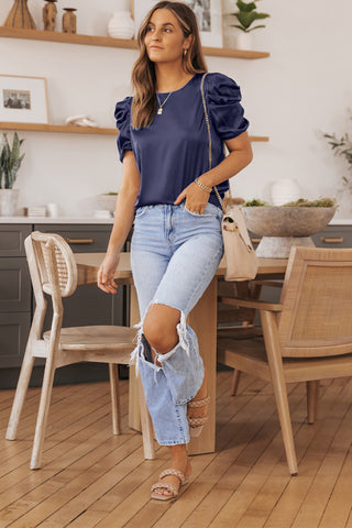 Puff Sleeve Round Neck Blouse for Women