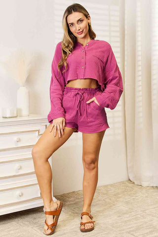 Basic Bae Buttoned Long Sleeve Top and Shorts Set for Women