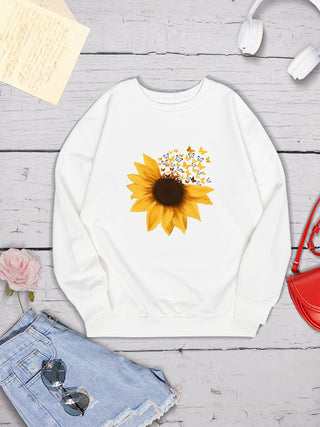 Sunflower Round Neck Dropped Shoulder Sweatshirt for Women