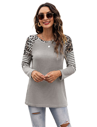 Women's Long Sleeve Waffle Sweater With Leopard And Stripe Design