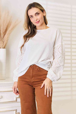 Double Take Eyelet Dropped Shoulder Round Neck Blouse for Women