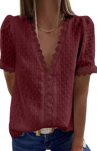 Women's Lace Splicing V-Neck Swiss Dot Short Sleeve Top