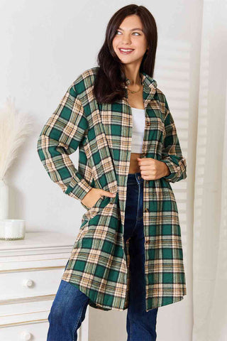 Double Take Plaid Collared Neck Long Sleeve Shirt for Women