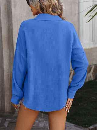 Textured Pocketed Button Up Dropped Shoulder Shirt for Women