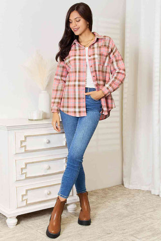 Double Take Plaid Collared Neck Long Sleeve Button-Up Shirt for Women