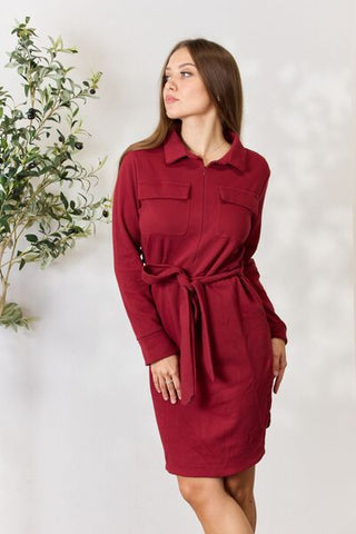 Culture Code Full Size Tie Front Half Zip Long Sleeve Shirt Dress for Women