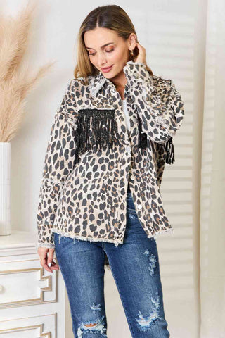 Double Take Leopard Fringe Detail Collared Neck Denim Jacket for Women