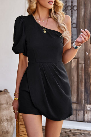 One-Shoulder Puff Sleeve Pleated Detail Romper for Women