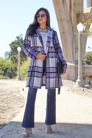 Double Take Full Size Plaid Button Up Lapel Collar Coat for Women