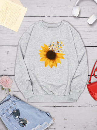 Sunflower Round Neck Dropped Shoulder Sweatshirt for Women