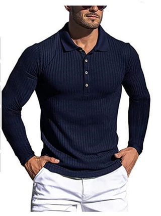 New Men's High Elastic Vertical Strip Long Sleeve POLO Shirt Slim Knit Bottom Shirt Polo Shirt