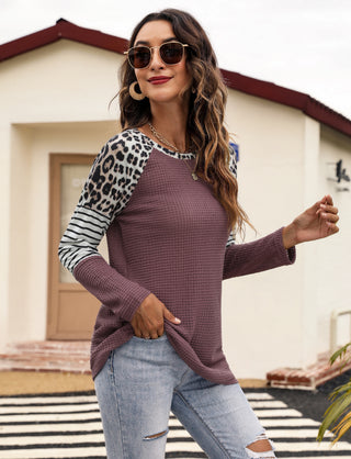 Women's Long Sleeve Waffle Sweater With Leopard And Stripe Design